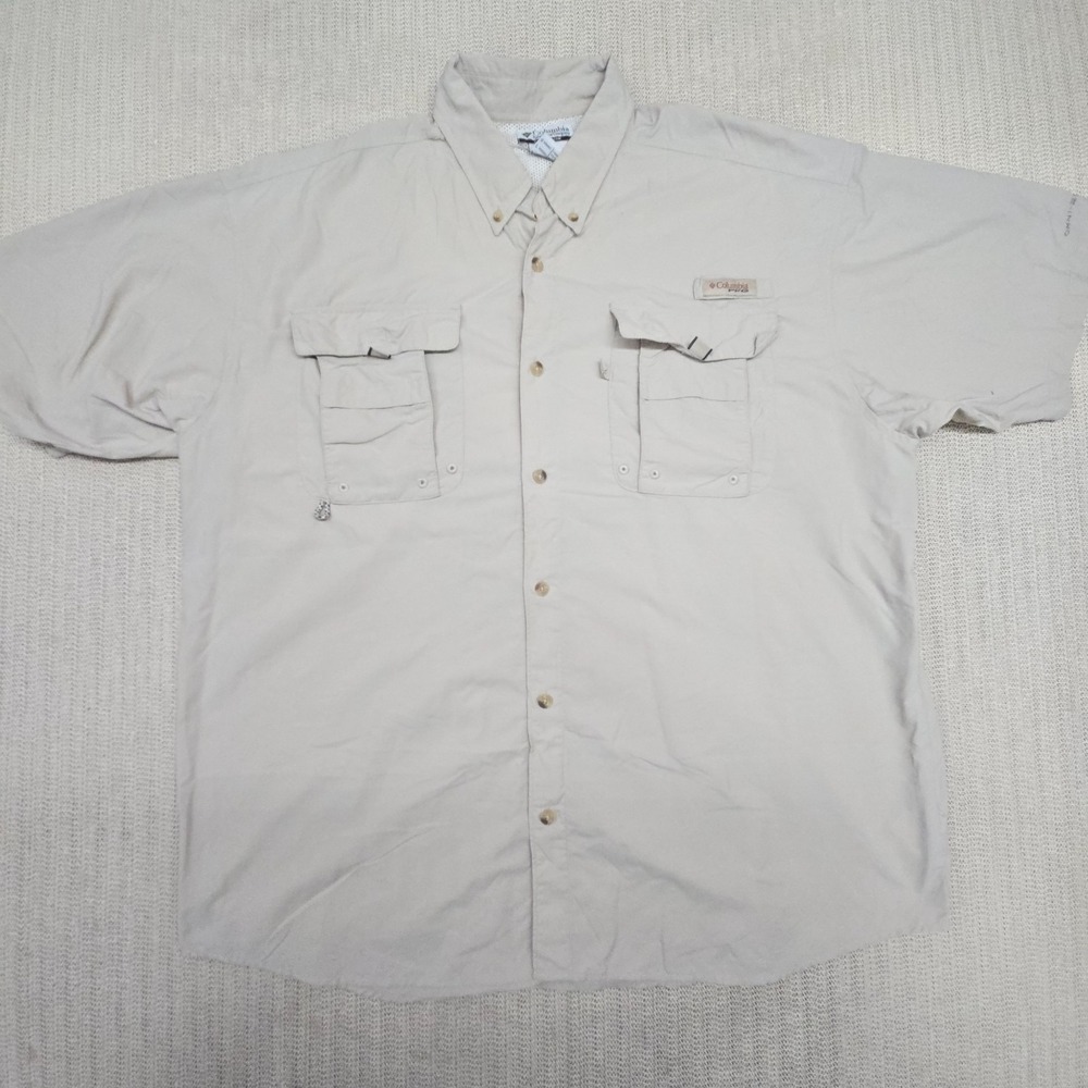 Columbia PFG Bahama II Shirt Mens Large Beige Short Sleeve Fishing Vented